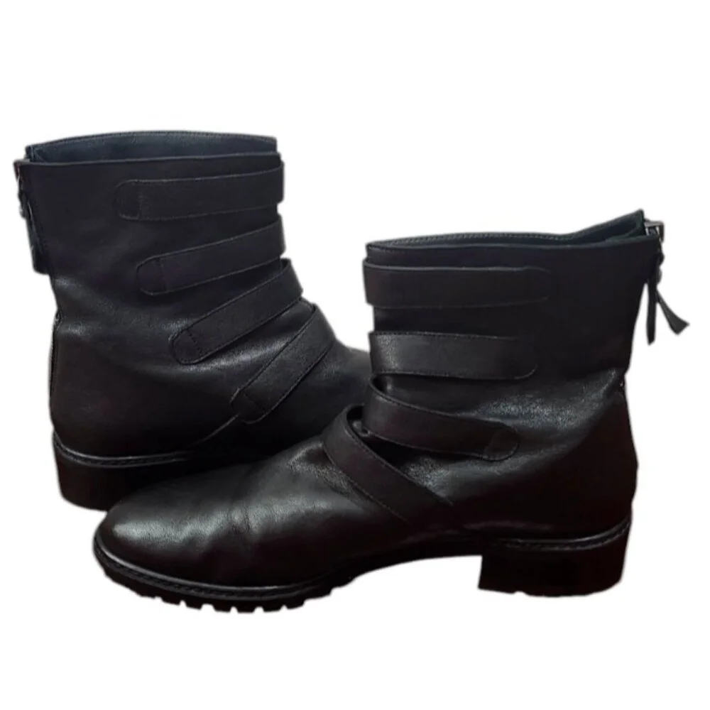 Stuart Weitzman Jitterbug Boot Leather Moto Four Buckle Black Round Toe Ankl 8